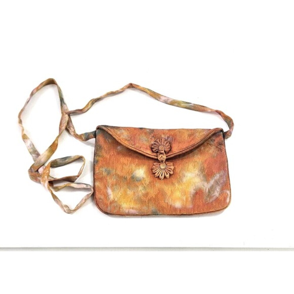 Vintage Tie Dyed 100% Silk Purse Small Shoulder Bag Peach‎ Yellow Blue Hues
